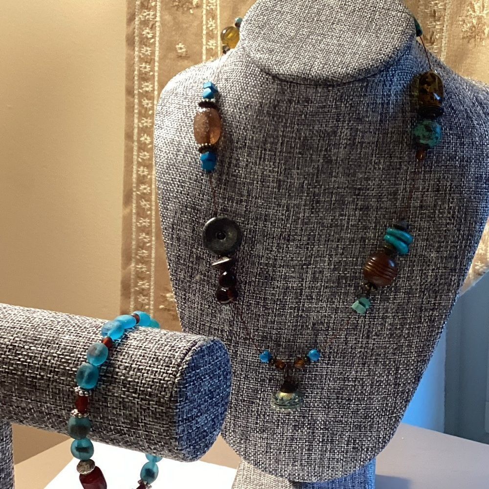 Beaded Necklace and Bracelet Set in Blues and Browns